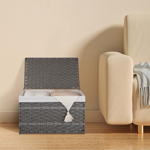 OIAHOMY Storage Basket with Lid, 27.7 Gallon (105L) Blanket Basket with Removable Liner Bag, Synthetic Wicker Hamper with Handle, Hamper for Living Room, Grey - color: Grey, size: 105L