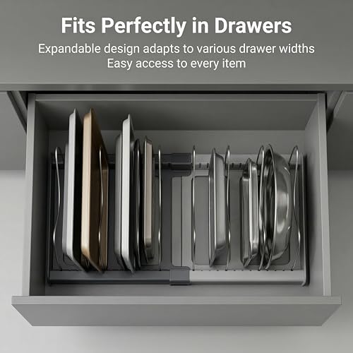 OMIO Expandable Pot Lid Organizer Rack for Under Cabinet, Adjustable 12"-22" Kitchen Storage with 7 Steel Dividers, Scratch-Resistant ABS Base for Pans, Cutting Boards, Bakeware, Grey - color: Deep Grey & Light Gray