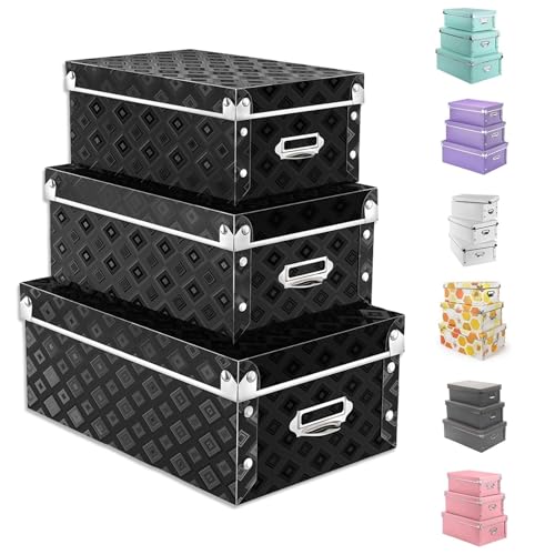 XUCHUN Storage Box with Lid 3 Pack, Collapsible Plastic Storage Bins with Lids, Stackable and Foldable Keepsake Box for Photos, Office and Bedroom Organization, 3 Different Sizes - color: Black-B