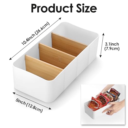 BSTKEY Seasoning Packet Organizer, Food Storage Organizer with Divided 4 Bamboo Wood Compartments, White Plastic Storage Caddy for Pantry Cabinet, Kitchen Organization Bin for Snacks Spice Packets - color: White