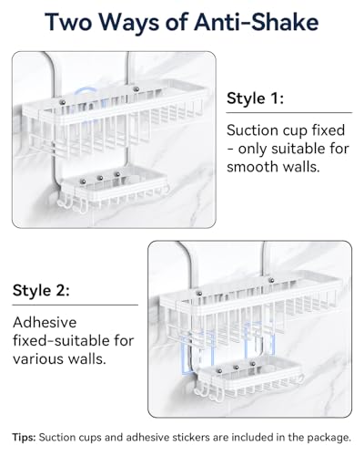 YASONIC Never-Rust Aluminum Hanging Shower Caddy – Over-the-Showerhead Organizer with 10 Hooks for Razor and Sponge – Includes Soap Basket – White - color: White
