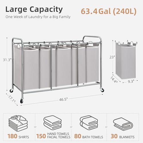 STORAGE MANIAC 5 Section Laundry Sorter, 5 Bins Rolling Separator Laundry Basket, Dirty Clothes Hamper Divider with Heavy Duty Rolling Lockable Wheels, Large Clothes Organizer Cart, Gray - color: Gray, size: 5 Section
