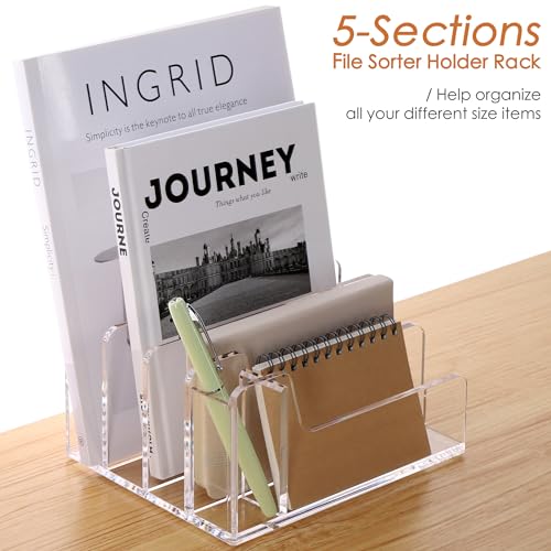 SANRUI Acrylic Mail Organizer, 5 Compartments File Holder for Desk,Letter Sorter with Pen Holder,Desk Organizers and Accessories,Clear Cute Mail Sorter - style: 4 Sections with Pen Holder