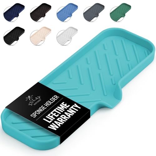 Zulay Kitchen Large Silicone Sponge Holder (12x4) – Flexible Sink Organizer Tray for Kitchen & Bathroom – Multipurpose Soap Dish for Sponges, Makeup, Trinkets & More (Aqua Sky) - color: Aqua Sky, size: Large (12x4)