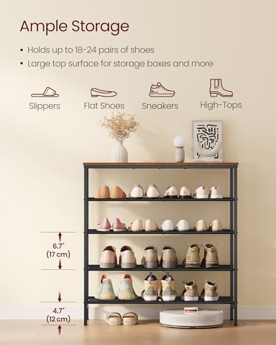 VASAGLE Shoe Rack, Shoe Storage Rack for Closet, Entryway, Living Room, Free Standing Metal Organizer Shelf, 5 Tiers, 11.8 x 29.5 x 34.3 Inches, for 18–24 Pairs, Rustic Brown and Ink Black ULBS050KD01 - size: 5 Tiers (29.5"W)