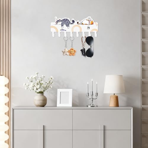 JEWLOVE Cute Key Holder for Wall - Cat Key Holder Wall Mount, Decor for Home Storage, Adorable Cat Art Design in White for Entryway, Bedroom, Pet Area - color: White