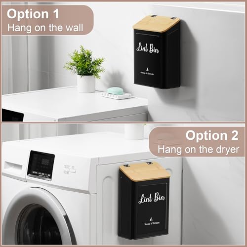 SUBEKYU Metal Magnetic Lint Bin for Laundry Room, Wall Mounted Lint Box Holder with Lid for Dryer,Laundry Room Organization and Storage,Bamboo Lid Lint Basket,Black - color: Black