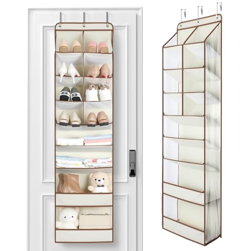 Yecaye Over the Door Shoe Organizer Hanging with Large Pockets, 8 Tier Back of Door Storage for Nursery, Closet and Bathroom, Partition Behind Door Organizers Shelf with Baby Clothes(1 Pack, Beige) - color: Beige