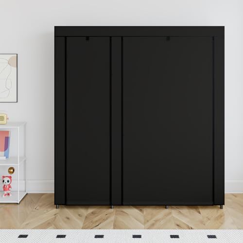 SORCEDAS Portable Closet Wardrobe Storage Organizer Metal Hanging Rack Non-Woven Fabric 50 Inch (Black) - color: Black, size: 50 Inch
