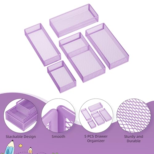 Marbrasse 5 Pack Desk Drawer Organizer Set, Mesh Drawer Storage Trays with 1 Adjustable Divider, Desk Organizers and Accessories, 5 PCS Drawer for Office Supplies, Makeup & Vanity (Purple) - color: Purple