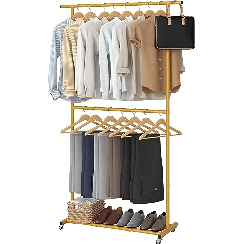 Sywhitta Double Rod Clothing Garment Rack, Rolling Coat Hanger with Bottom Mesh, Clothing Rack for Hanging Clothes, Coats, Skirts, Sweaters, Gold - color: Gold, size: With mesh
