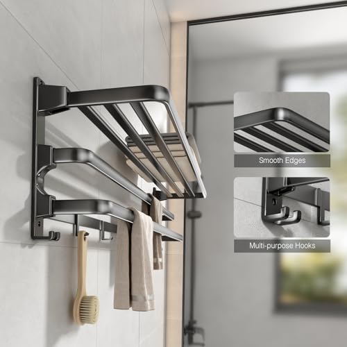 VOLDRA 24-Inch Towel Rack,Bathroom Towel Shelf with 2 Towel Bar Foldable Towel Holder with 7 Hooks Towel Storage Organizer for Bathroom & Lavatory Wall Mounted (Matte Black) - color: Matte Black, size: Extra 2 towel bar