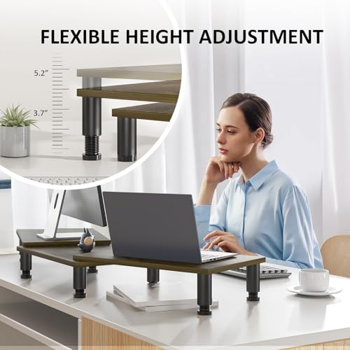 AX WABER Dual Monitor Stand Riser, Monitor Stand with Adjustable Length and Angle, Wood Monitor Stand for Desk, Monitor Riser for 2 Monitors with Storage Space - color: Vintage