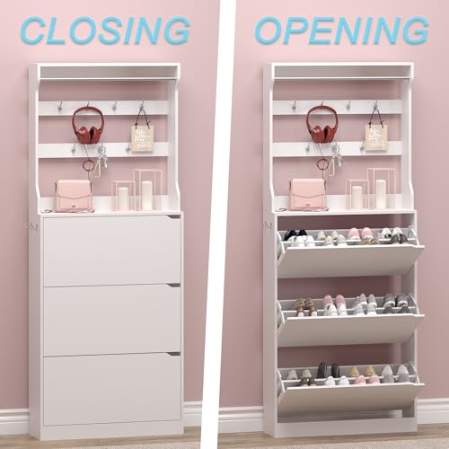 BORNOON Shoe Cabinet with 3 Flip Drawers & Coat Rack, Narrow Hidden Shoe Storage Cabinet, 2-in-1 Hall Tree Slim Freestanding Shoe Rack Organizer for Entryway, Hallway, and Living Room - color: White, size: 3-Drawer with Rack