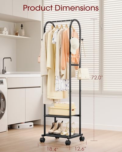 Sakugi Heavy Duty Premium Clothes Rack with 2-Tier Mesh Shoe Shelves & 4 Hooks, Lockable Wheels, Space-Saving, Multi-Functional for Bedroom, Entryway, Closet, Modern Design, 18.4" x 12.6" x 72", Black - color: Black