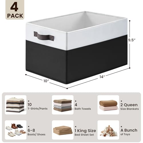 Criusia Large Storage Bins for Shelves 4 Pack, Closet Storage Baskets for Clothes Blanket Beddings Towels, Collapsible Fabric Closet Organizer Bins with Handles/ Laundry Room Organization - color: White with Black, size: 4pcs - Rectangular 14"x10"x9.5"