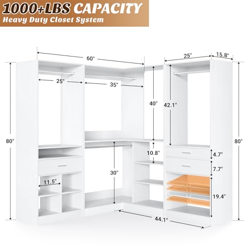Unikito 86" Corner Closet System, Modular Closets Organizer with 4 Hanging Rods and Storage Shelves, Freestanding Adjustable Wood Clothes Garment Rack with Drawers, Sturdy Walk in Closet Tower, White - color: White, size: 86 Inch