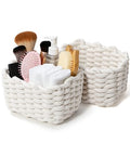 Small Macrame Woven Storage Baskets 2 Pack – Boho Cotton Rope Bins for Bathroom, Bedroom, Desk & Vanity Organizer – White & White, 7x5.5x5 Inches - color: White & White
