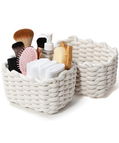 Small Macrame Woven Storage Baskets 2 Pack – Boho Cotton Rope Bins for Bathroom, Bedroom, Desk & Vanity Organizer – White & White, 7x5.5x5 Inches - color: White & White