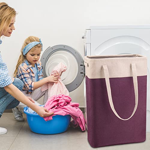 i BKGOO Laundry Basket with Handles Beige&Burgundy Slim Laundry Bin Collapsible Dirty Clothes Basket Narrow Laundry Bag Foldable Dirty Hamper for Camping, Dorms, Apartments - color: Beige&Burgundy