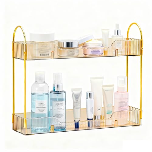 Bathroom Countertop Organizer, 2-Tier Slim Vanity Storage Rack for Bathroom Sink, Narrow Counter Organizer for Toiletries Skincare Perfume with Gold Plastic Trays, Gold - color: Gold