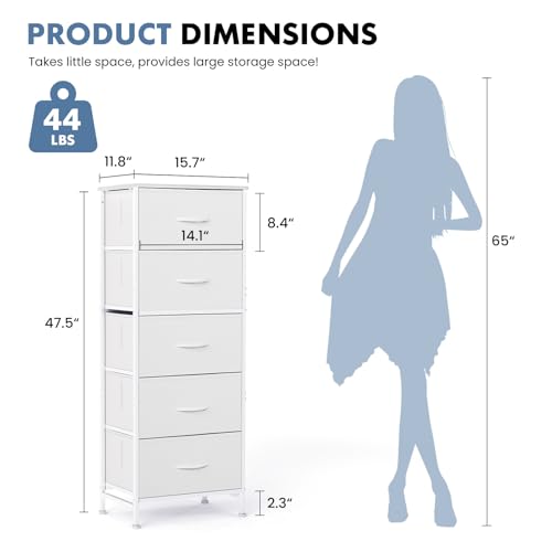 DUMOS Nightstand with 5 Drawers Bedside Table with Removable Fabric Bins Sturdy Steel Frame Wood Top Organizer Furniture for Bedroom Closet Living Room, White - color: White, size: 15.69"W x 11.8"D x 47.7"H(5 Drawers)