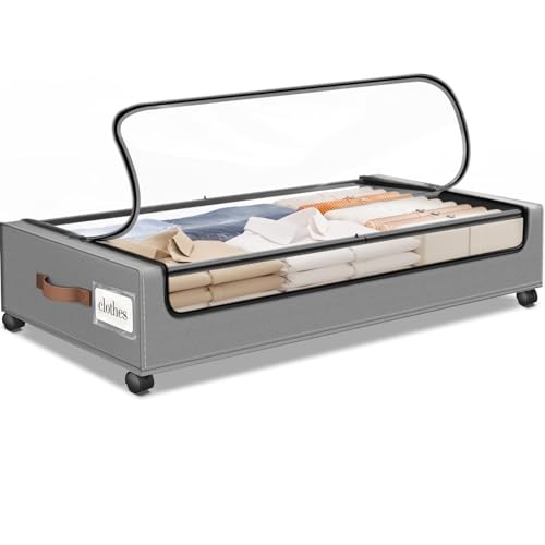 SpaceHacks Under Bed Storage with Wheels 1Pack Underbed Storage with Clear Window&Label Under Bed Drawers Large Capacity Rolling Under Bed Storage for Clothes,Shoes, Blankets (Light Grey) - color: Light Grey, size: 1 pack