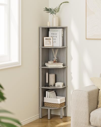Corner Shelf, 5 Tier Corner Bookshelf, Display Corner Shelf Stand with Storage Rack, Wall Corner Bookshelf for Living Room, Bedroom, Office, Grey - color: Grey Without Light