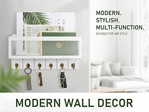 Rebee Vision Farmhouse Key Holder for Wall with Mail Organizer : Decorative Mesh Basket with 6 Sturdy Key Hooks – Wall Mount Home Decor for Office，Entryway, Hallway, Apartment (Rustic White) - color: White