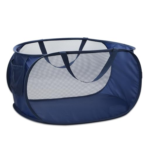 Pop Up Laundry Hamper,Collapsible Horizontal Baskets with Handles & Side Pocket,Foldable Sturdy mesh for Laundry Room,Bathroom,Kids Room,College Dorm or Travel (Navy) - color: Navy