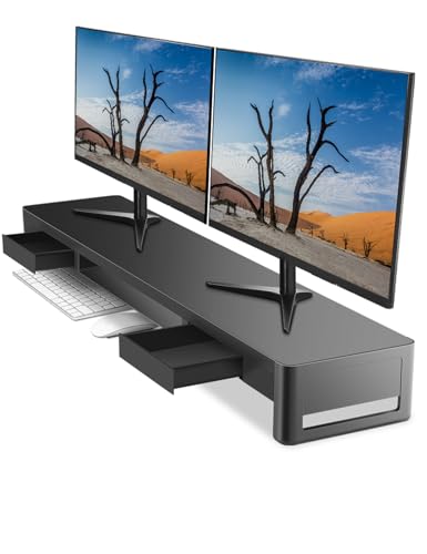 meatanty Dual Monitor Stand Riser with 2 Storage Drawers, Metal Computer Monitor Stand Monitor Shelf with Pull Out Drawer, Keyboard and Mouse Storage Desktop Organizer for PC,Laptop,iMac,TV,Printer - size: Extra-Large, style: Basic Version