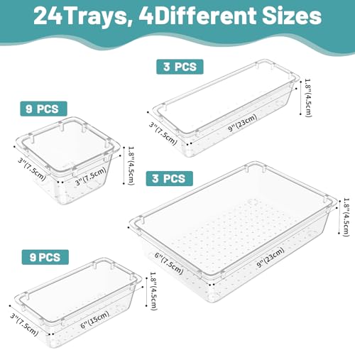 WOWBOX 24 PCS Clear Plastic Drawer Organizer Set, 4 Sizes Desk Drawer Organization and Storage Containers for Makeup, Cosmetics, Jewelry and Gadgets in Kitchen, Bathroom, Bedroom, Office, Clear - color: Clear, size: 24 PCS