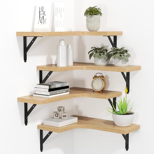 ROMGUAR CRAFT Corner Floating Shelves Wall Mounted Set of 4, Rustic Wood Storage Display Shelves for Home Decor, Bathroom, Kitchen, Bedroom, Living Room, Office (Natural) - color: Natural