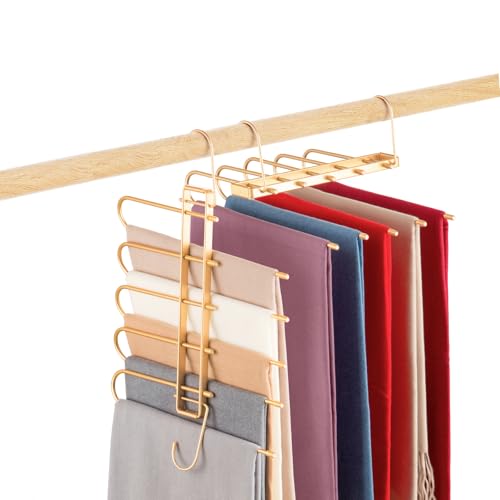 Pants Hangers Space Saving,Closet Hangers 5 Layers 2 Uses Multi Functional Pants Rack,Metal Heavy Duty Wardrobe Organizer Racks for Clothes Trousers Scarves Ties (2Pack Gold) - color: 2pack Gold