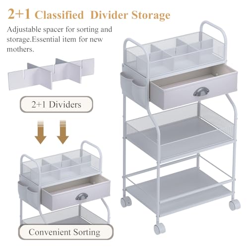 Baby Diaper Caddy Cart Organizer -3 Tier, Bedside Nursery Essentials Organizer & Storage Holder for Newborn Baby Stuff, 2+1 Dividers, 1 Drawer,Rolling Utility Cart for Bedroom,Changing Table, Crib. - color: White, size: 17"W*11.42"D*32.68"H
