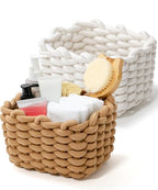 Small Macrame Woven Storage Baskets 2 Pack – Boho Cotton Rope Bins for Bathroom, Bedroom, Desk & Vanity Organizer – White & Khaki, 7x5.5x5 Inches - color: White & Khaki