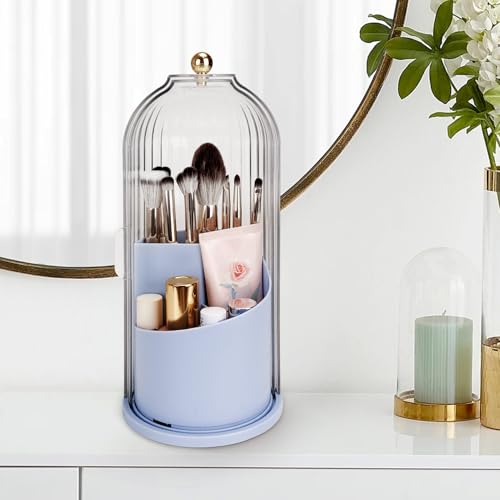 QIYVLOS Toothbrush Holders with Sliding Lid, Rotating 3 Slots Bathroom Organizer Countertop, Tooth Brush Toothpaste Holder Bathroom Counter Stand Sink Organizer Caddy for Makeup Brushes Holder (Blue) - color: Blue+transparent