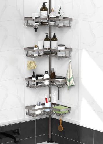 KEGII Corner Shower Caddy Tension Pole with Soap Dish & Razor Holder, Adjustable Bathroom Organizer with Hooks, 25-114.2 Inch Rustproof Storage Shelf for Renters & Apartments, Gunmetal Gray - style: Tension Caddy - Gunmetal Gray