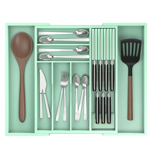 Bamboo Kitchen Drawer Organizer, Expandable Silverware Organizer with Removable Knife Block, 6-8 Slots- Utensil Holder & Cutlery Tray Drawer Dividers, 2.36" Deep for Extra Capacity, Cyan - color: Cyan