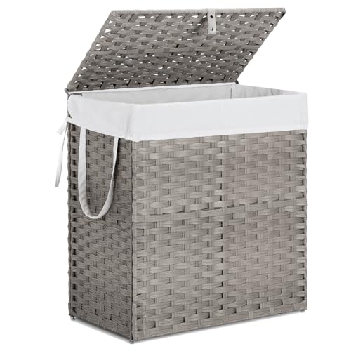 110L Laundry Hamper with Lid, Hand-Woven Pp Rattan Laundry Basket with Compartments & Handles, Removable Liner Bags,Foldable, Narrow Dirty Clothes Basket, Grey - color: 110L-Grey