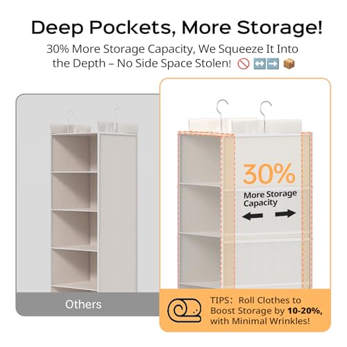 ALLTIDYUP Extra Deep Hanging Closet Organizer with Shelves and Oversized Mesh Pockets, Heavy-Duty Structure, No Deformation, Max Storage for Clothes, Shoes, Hats, Dorms and RVs,1-Pack (White, 6 Tier) - color: White, size: 6 Tier
