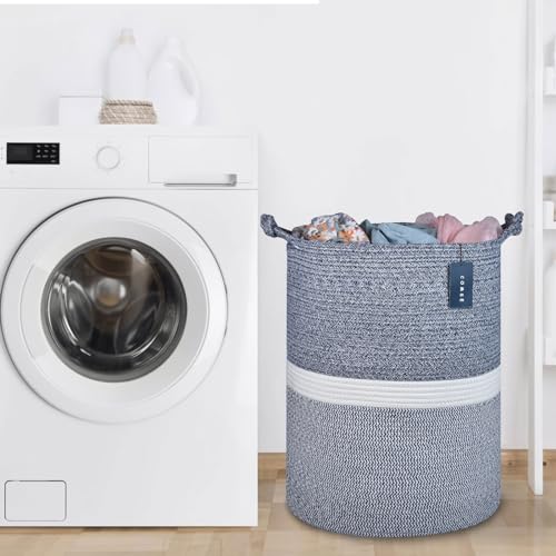 COMSE Extra Large Blanket Basket, Tall Woven Storage Basket, Nursery Hamper, 15.7”x 21.7”, Cotton Rope Laundry Hamper for Toys Clothes Towels, Blend Navy Blue/White - color: Blend Navy Blue & White