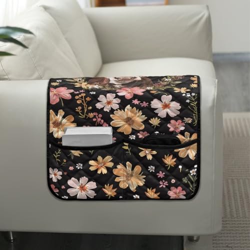 Highland Cattle Daisy Flower Print Sofa Armrest Slipcovers Non-Slip Arm Covers for Recliner with 2 Pockets for Magazine, Tablet, Phone, iPad Anti-Scratch Couch Covers Home Decor - color: Highland Cattle Daisy Flower