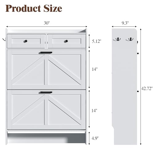 Thacuok Shoe Cabinet with 2 Flip Drawers & 2 Storage Drawers, Rustic Farmhouse Narrow Shoe Organizer Cabinet, Slim Shoe Rack Cabinet, Shoe Storage Cabinet for Entryway, Hallway - color: White, size: 2 Drawers