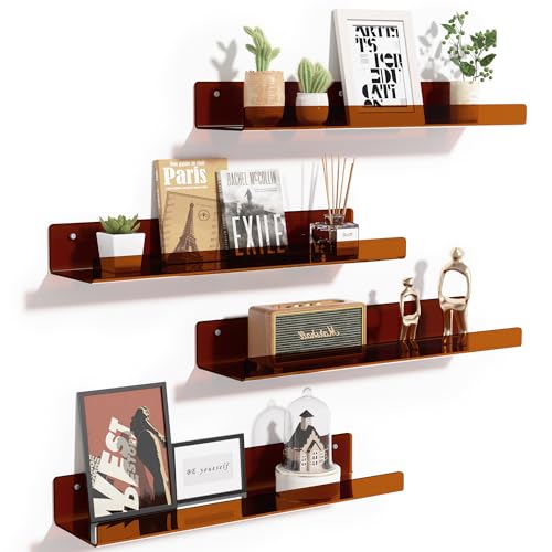 upsimples Acrylic Shelves for Wall Decor, 15" Display Shelf Perfume Organizer for Bathroom, Bedroom, Living Room, Floating Bookshelves for Kids, Clear Brown, 4 Pack - color: Brown