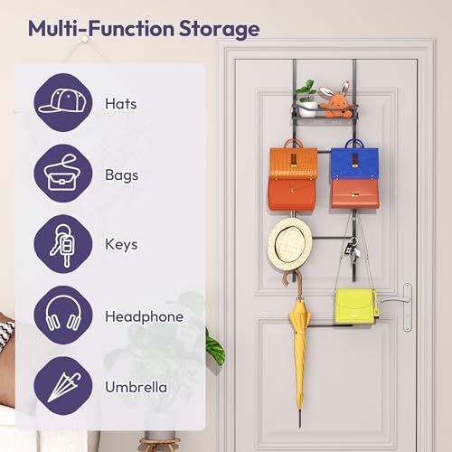 SWTYMIKI Over The Door Purse Organizer - Wall Mounted Purse Rack with 10 Hooks and Metal Basket, Handbag Hanger Organizer Holds up to 10 Bags, Bag Rack Can Use As 1/2 Part, for Door, Closet - color: Black, size: 6-Tier