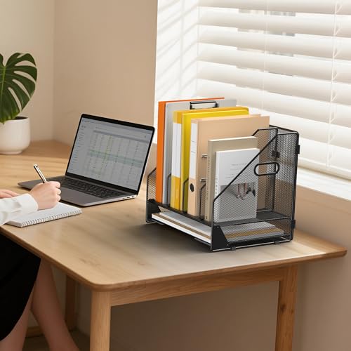 Desk File Folder Holder Organizer-4 Vertical Compartments Racks and Paper Letter Tray,Mesh Magazine File Holder Sorter,Desktop Accessories & Workspace Organizers for Home,Office,School-Black - color: 4 Compartments-Black