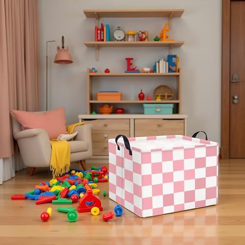 HIYAGON Rectangular Baby Girl Basket Fabric Storage Basket Storage Bin Organizer Box Room Decor(Pink Checkered) - color: Pink Checkered