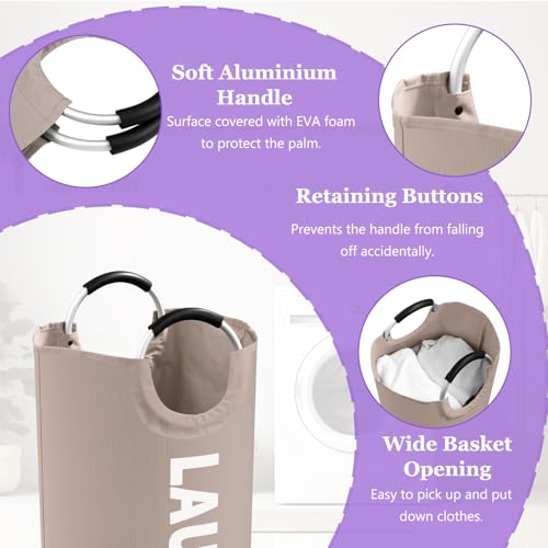 95L Folding Laundry Basket for Singles, Large Laundry Hamper with Aluminum Handles, Freestanding Dirty Clothes Basket, Sturdy Oxford Fabric Clothes Hampers for Travel, Dormitory, Khaki - color: Khaki, size: L-95L