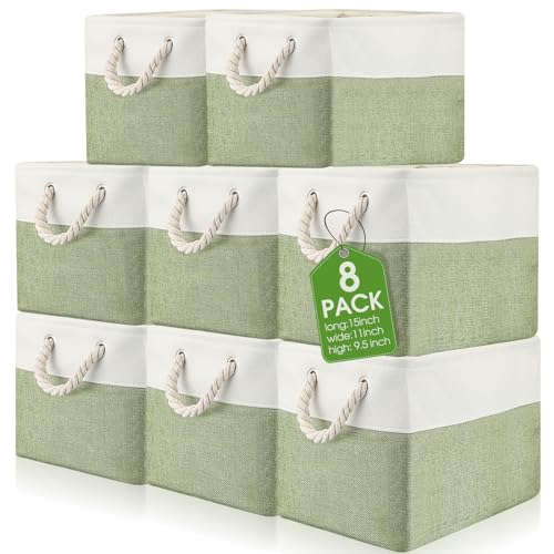 meekoo 8 Pack Collapsible Storage Bins Fabric Storage Bins Polyester Fabric Baskets with Handles Linen Closet Organizer for Shelf Home Closet Towels Toys(15 x 11 x 9.5 in,Green White) - color: Green White, size: 15 x 11 x 9.5 In